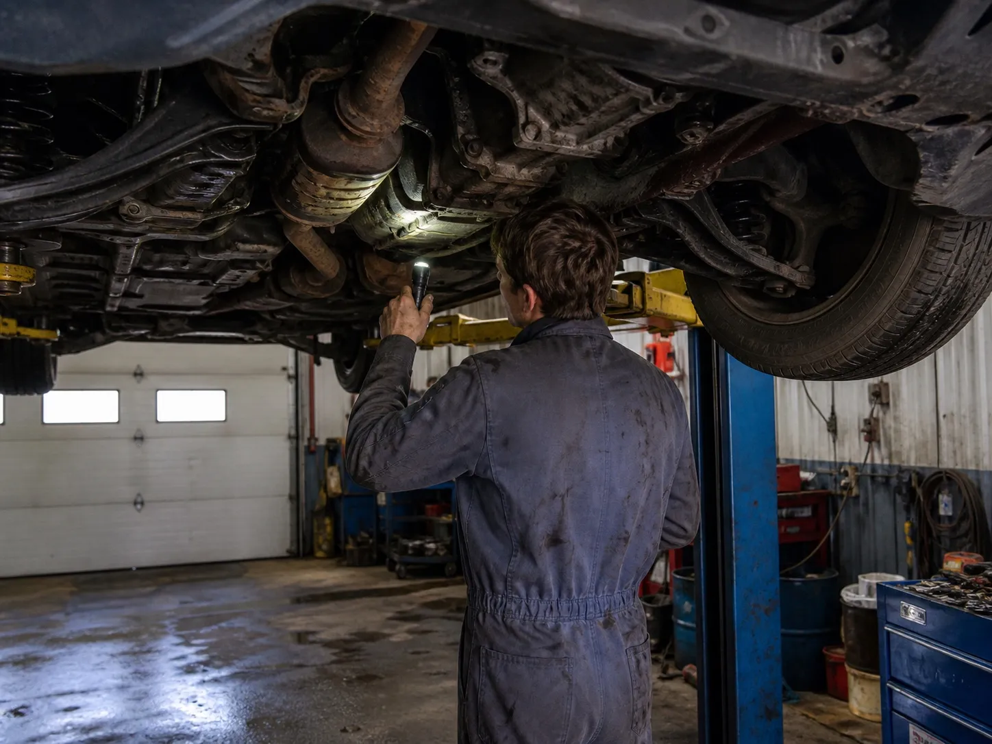 An intact underbody catalytic converter inspected as part of the whole vehicle.