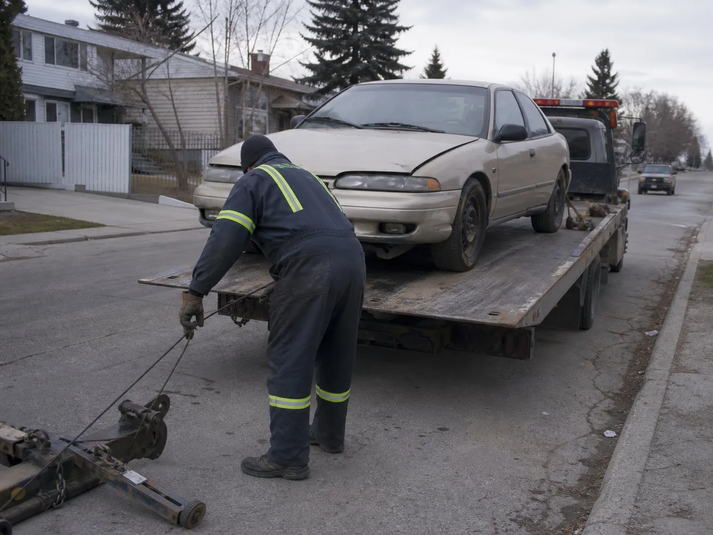 An operator securing an immobilized vehicle for free collection.