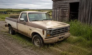A vehicle sitting on an acreage property.
